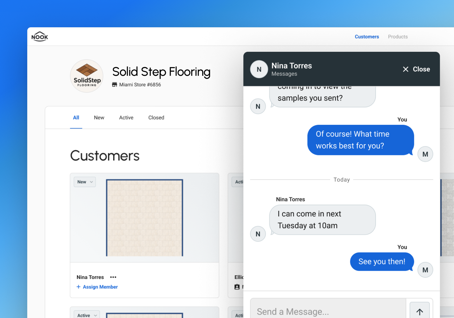 Nook's shared workspace for sharing plans, products, and messages with customers.